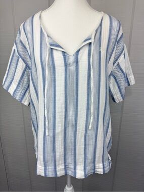 Lauren Ralph Lauren Blue/White Striped V-Neck Woven Cotton Gauze Blouse Preppy
